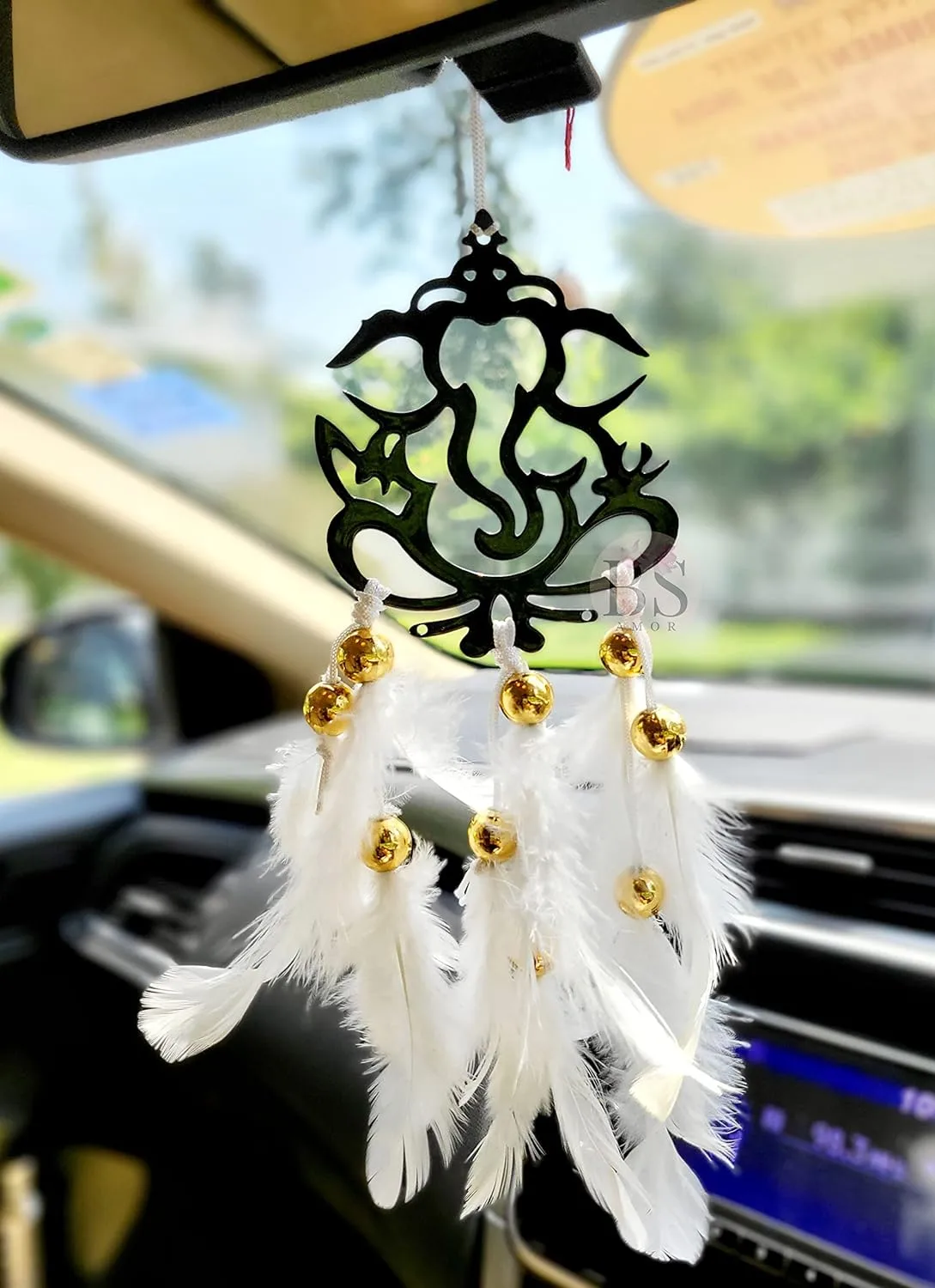 Ganesh ji Car/Wall Hanging Dream Catcher  -White Feathers